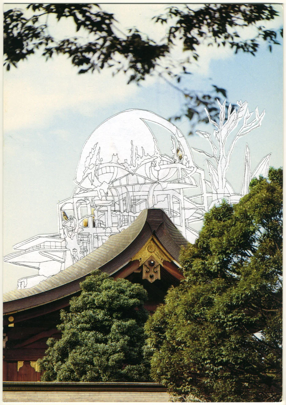 Sightline Series: Main Shrine of the Meiji Jingu, 2011, drawing on postcard, 6 x 4 in.