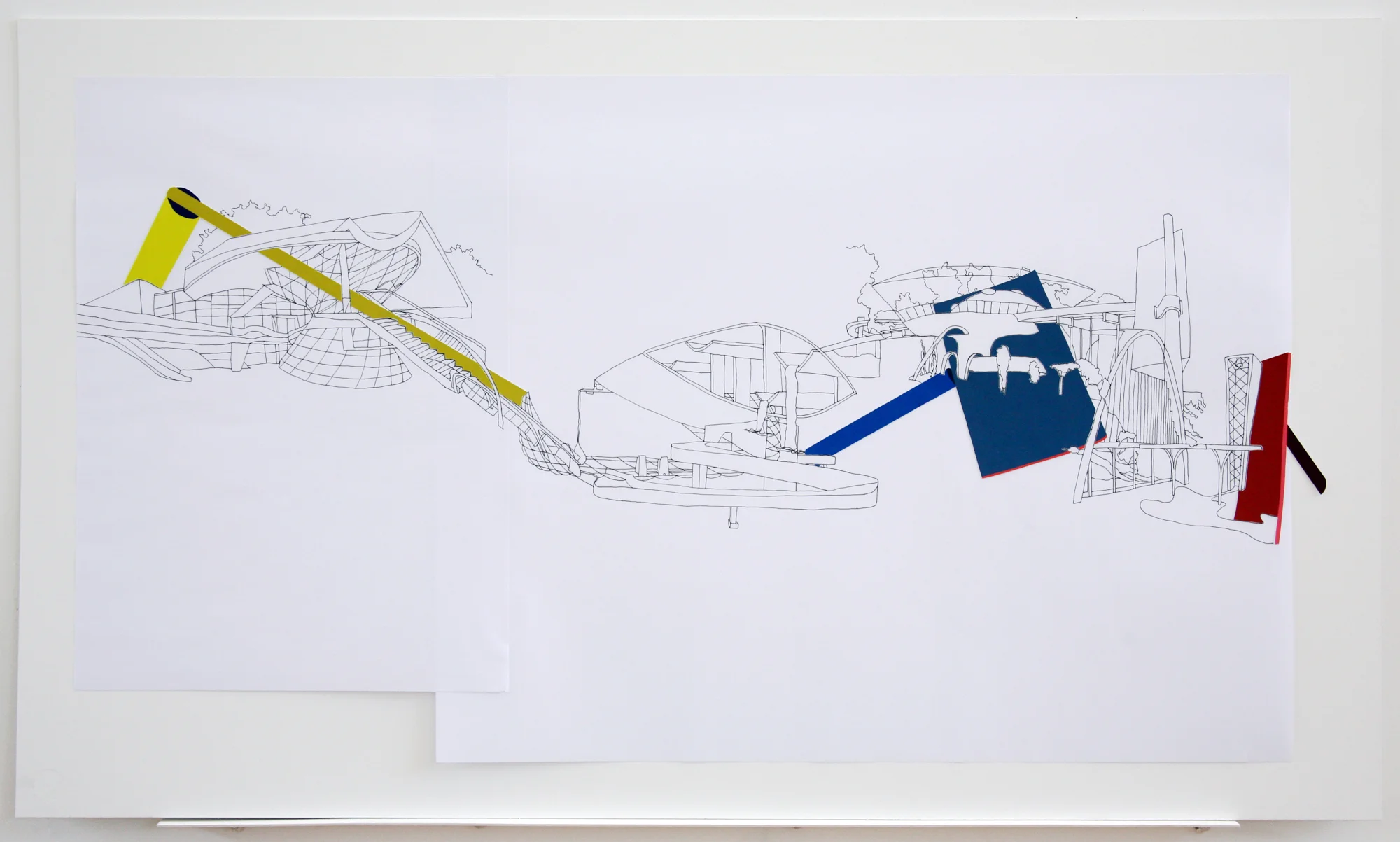 The Prop Series: Munich/Brazil (Drawing 5), 2012, Ink and cut paper on paper, 22 x 40 inches