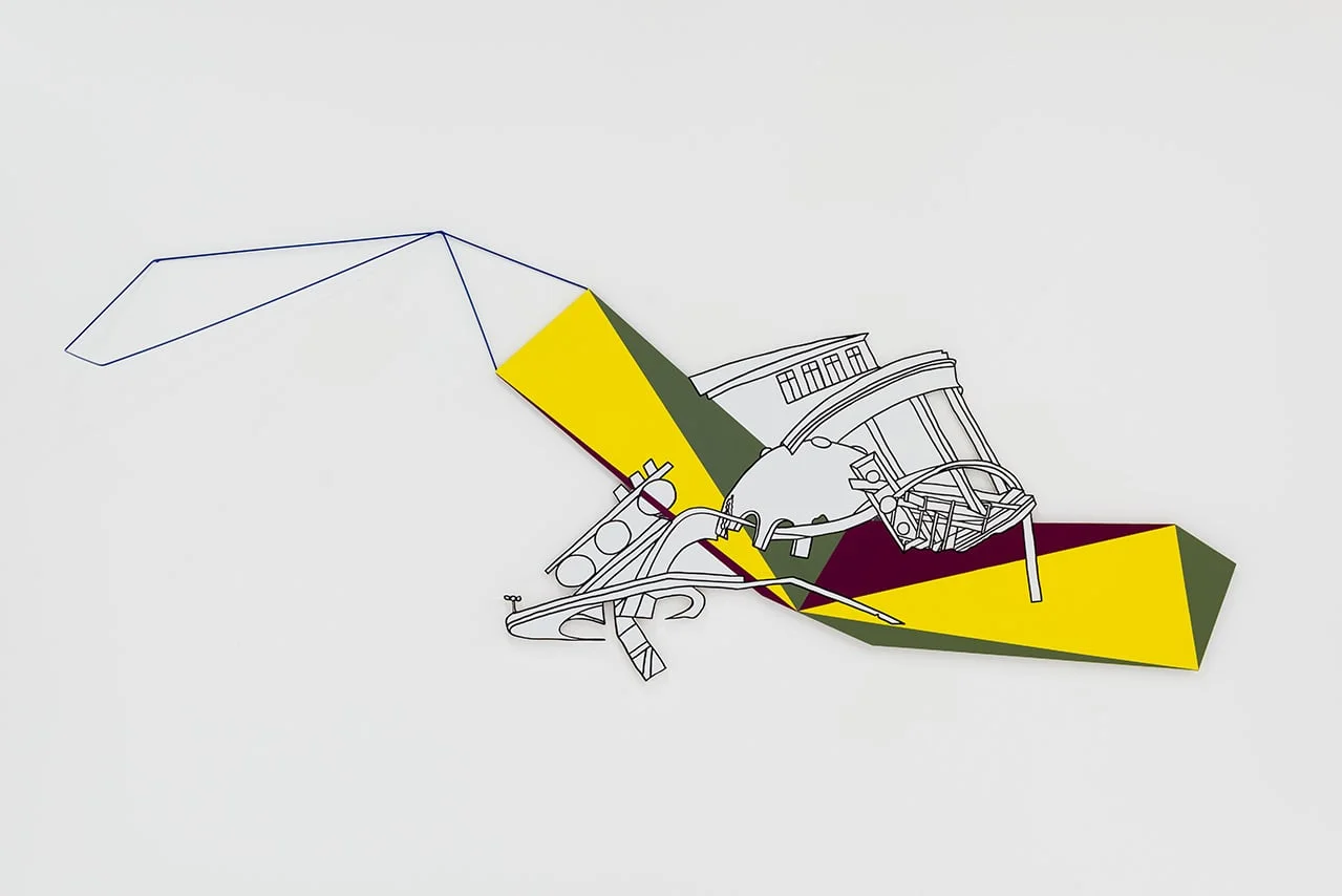 Sightline Construction No. 7, 2016, Acrylic paint on shaped wood panel with metal shapes and wire, 62 ½ x 27 x 9 inches.