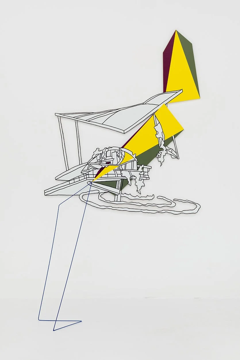 Sightline Construction No. 2, 2016, Acrylic paint on shaped wood panel with metal shapes and wire, 60 x 41 x 29 inches.