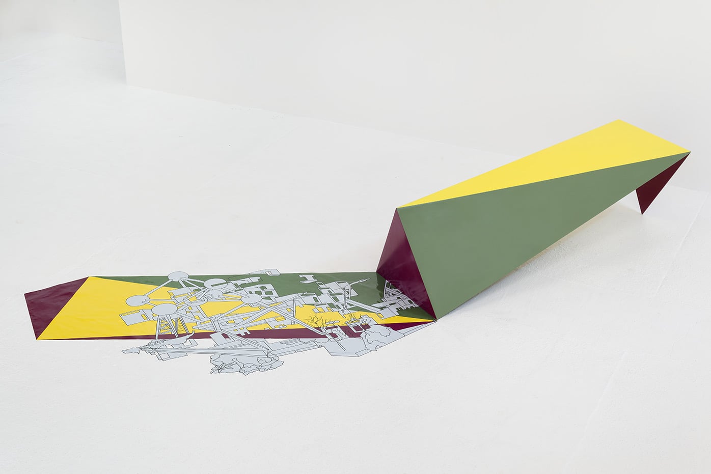 Sightline Construction No. 12, 2016, metal bench and floor drawing, Bench: 71 x 23 x 19 ½ inches, Vinyl: 69 ½ x 39 ½ inches.