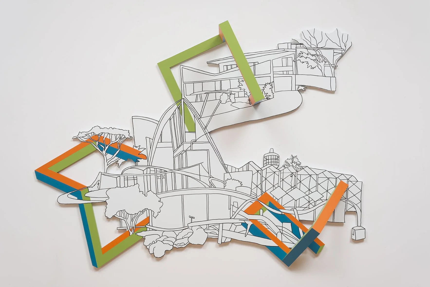 Block Plan Series: USA/Brazil combination 2,2015/16, Pen and paint on wood with dimensional objects, 44 x 64 x 12.5 inches
