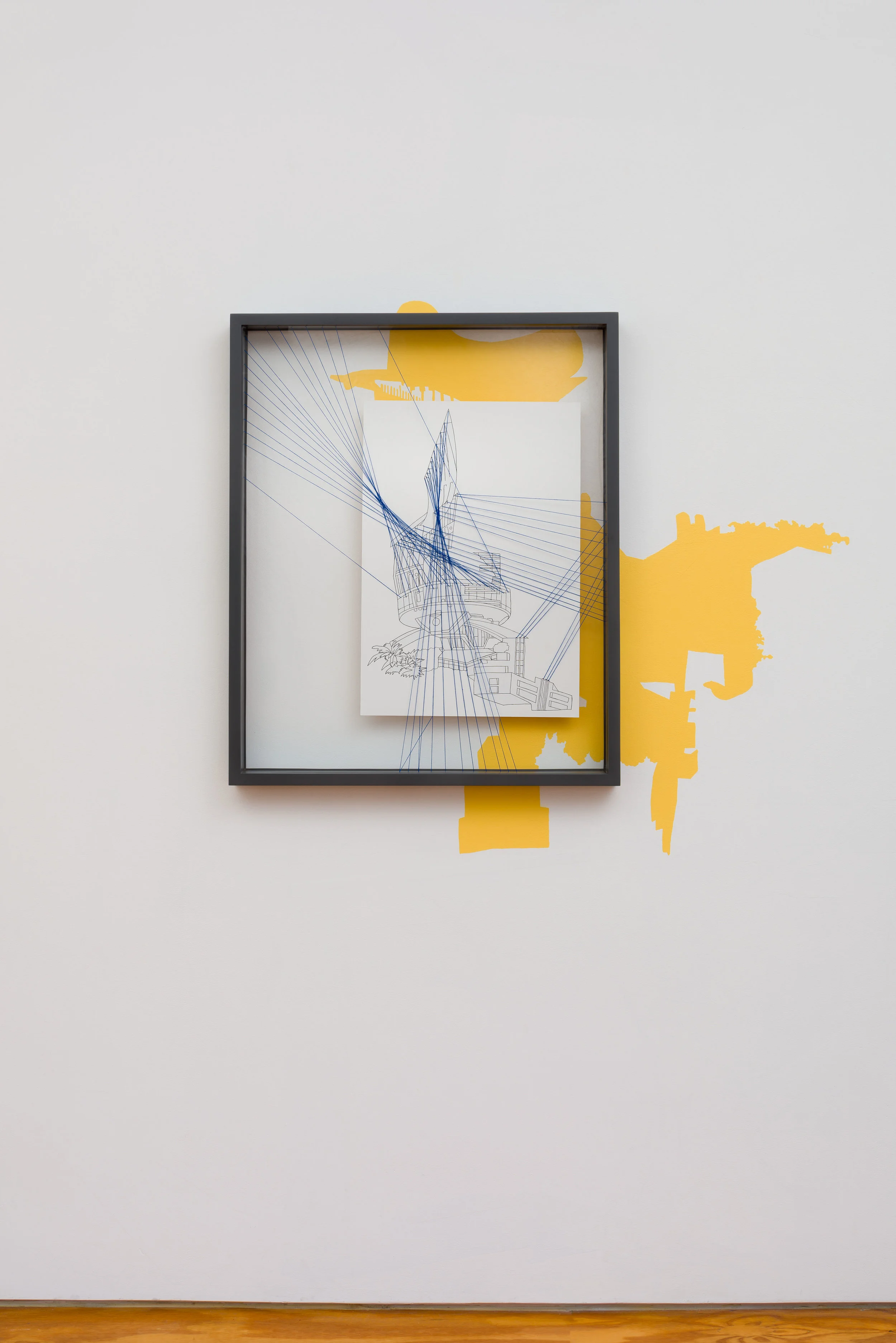 Perspective #5, 2018, acrylic paint, pen, string on board and frame, with vinyl, 33.25 x 27.25 x 2, inches.
