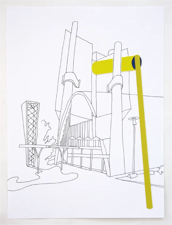 The Prop Series: Munich/Brazil (Drawing 10), 2012, Ink and cut paper on paper, 13 x 10.5 inches.