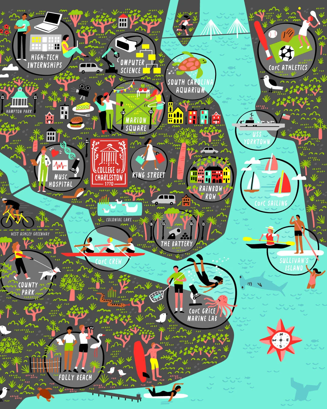 Illustrated Campus Map of the College of Charleston by Nate Padavick