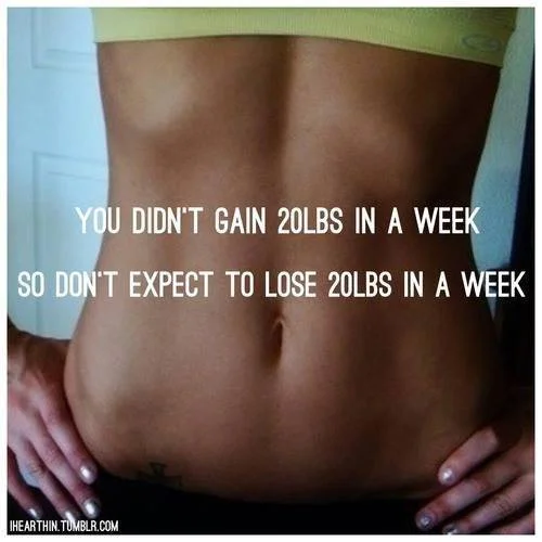 Keep this in mind when setting reachable goals. . . YOU DIDN'T GAIN 20 LBS IN A WEEK SO DON'T EXPECT TO LOSE 20 LBS IN A WEEK. . . A safe and realistic goal is to loose 1 - 2 lbs per week. 3,500 calories = 1 lb.