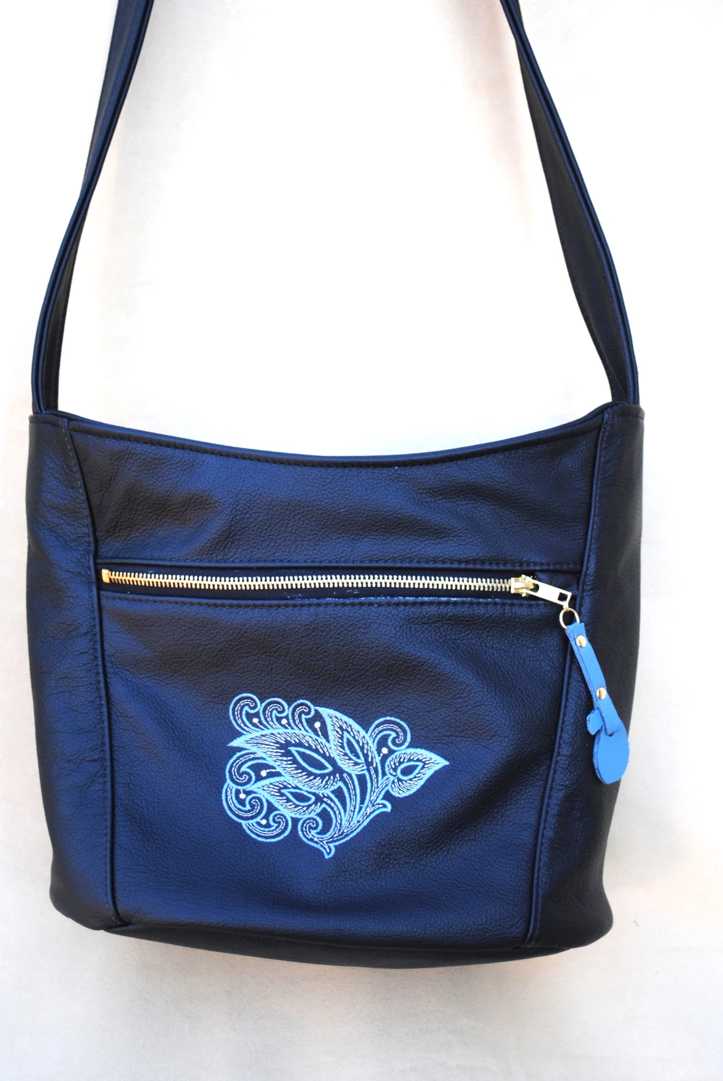 All Leather Bucket Purse with Embroidery