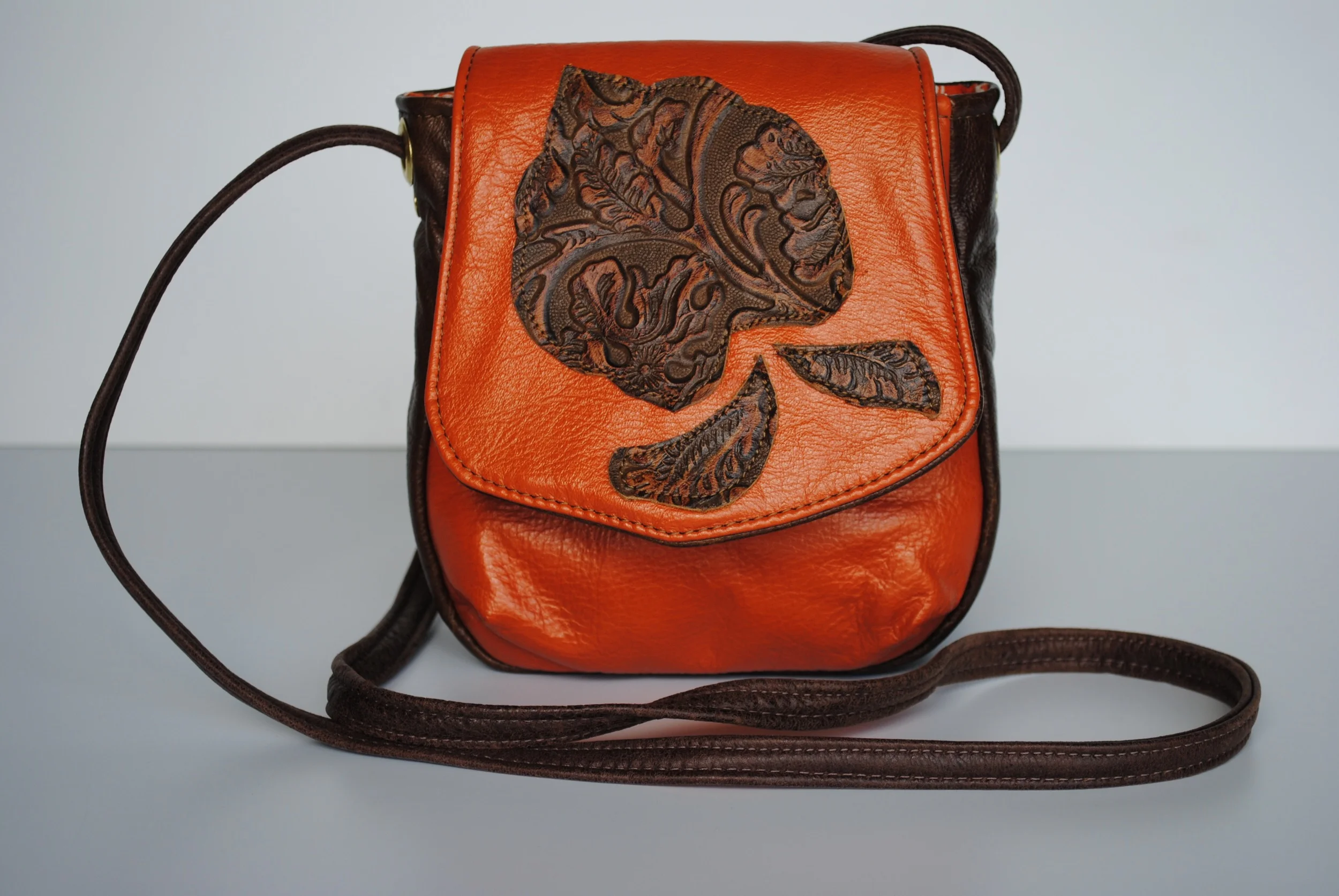 Brown Leaf on Orange Leather Small Cross Body