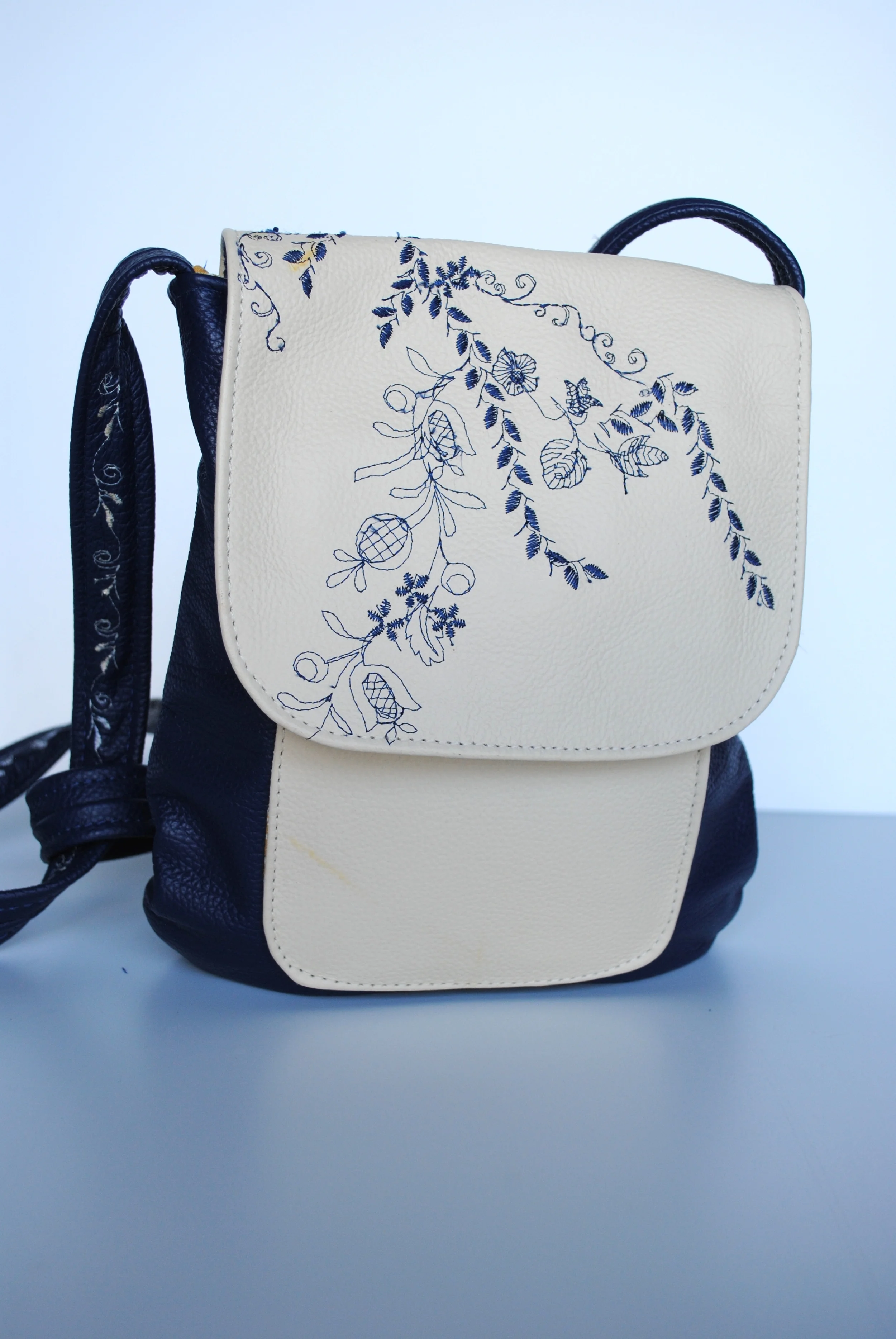 Blue Flowers All Leather Flap Crossbody