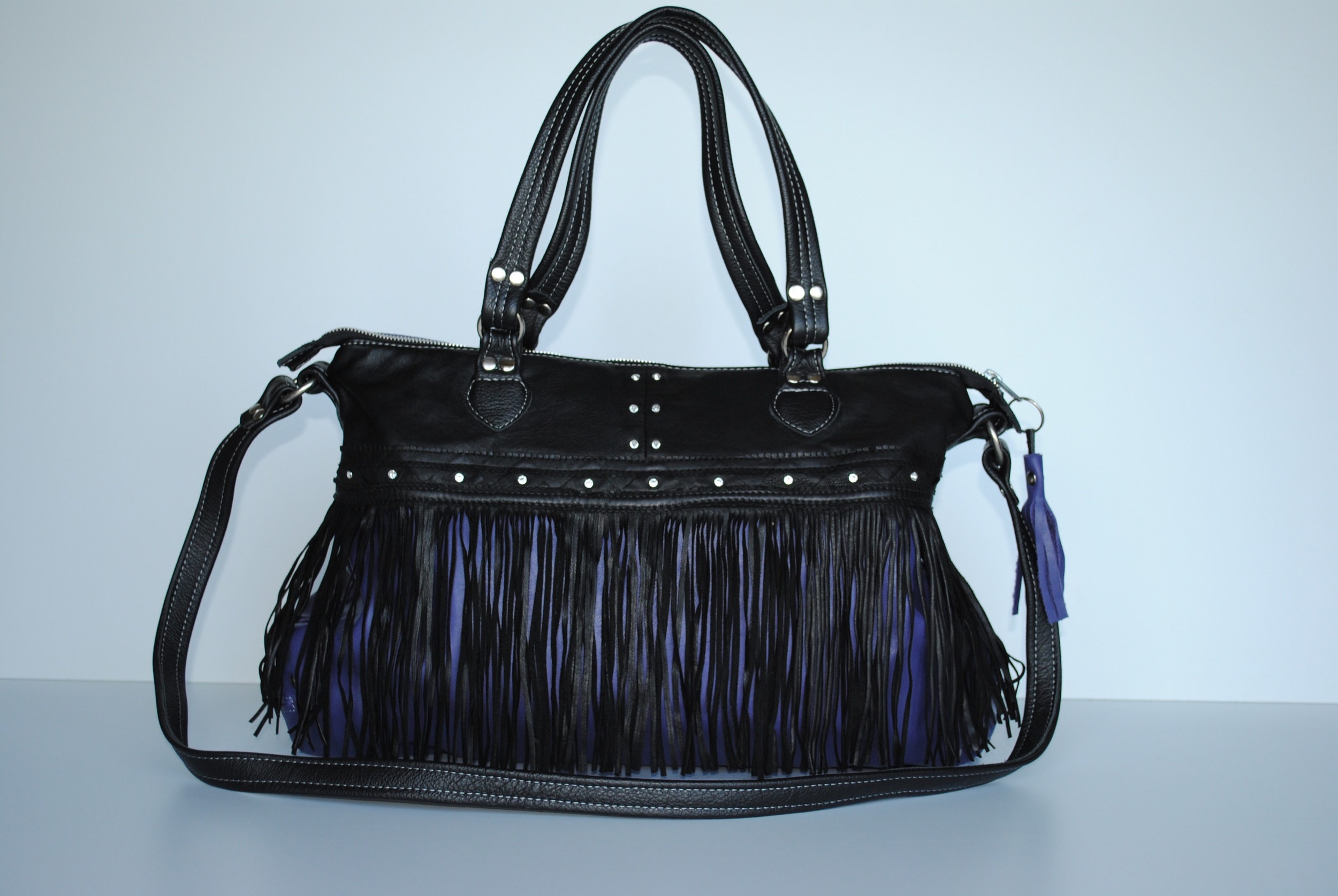 Fringed Black and Purple Leather Bag