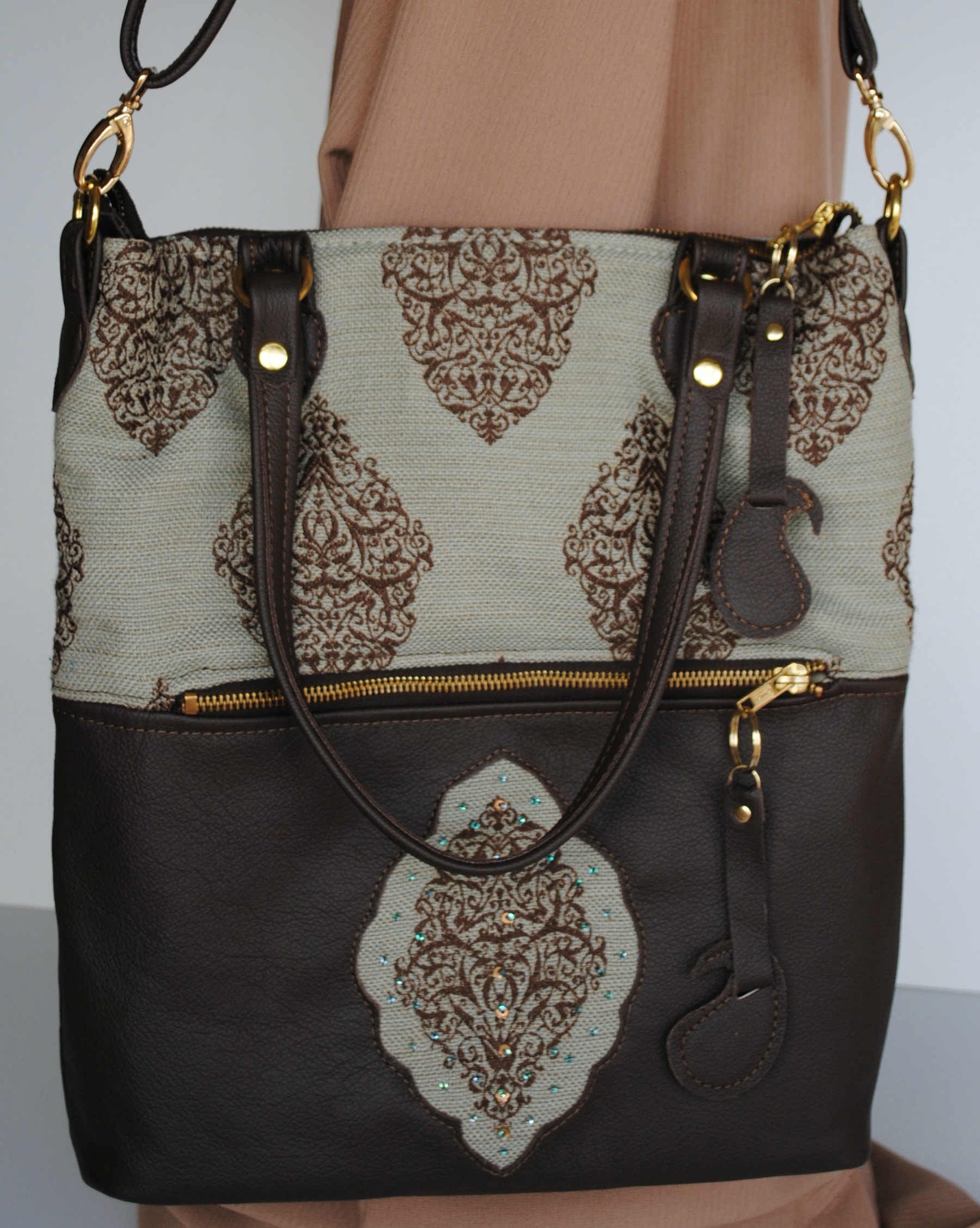 Transformable Executive Bag, Aqua and Brown, Fabric and Leather, "Nilgoon "