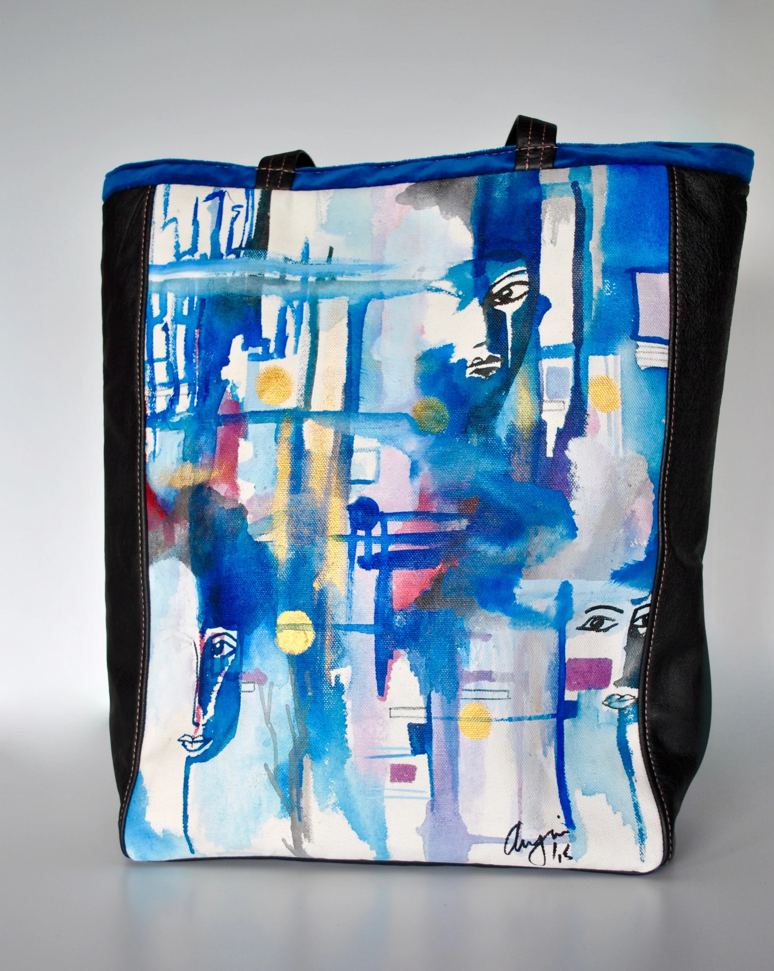 Blue Eyes Acrylic Painting on Canvas on Large Tote with Leather and Velvet.