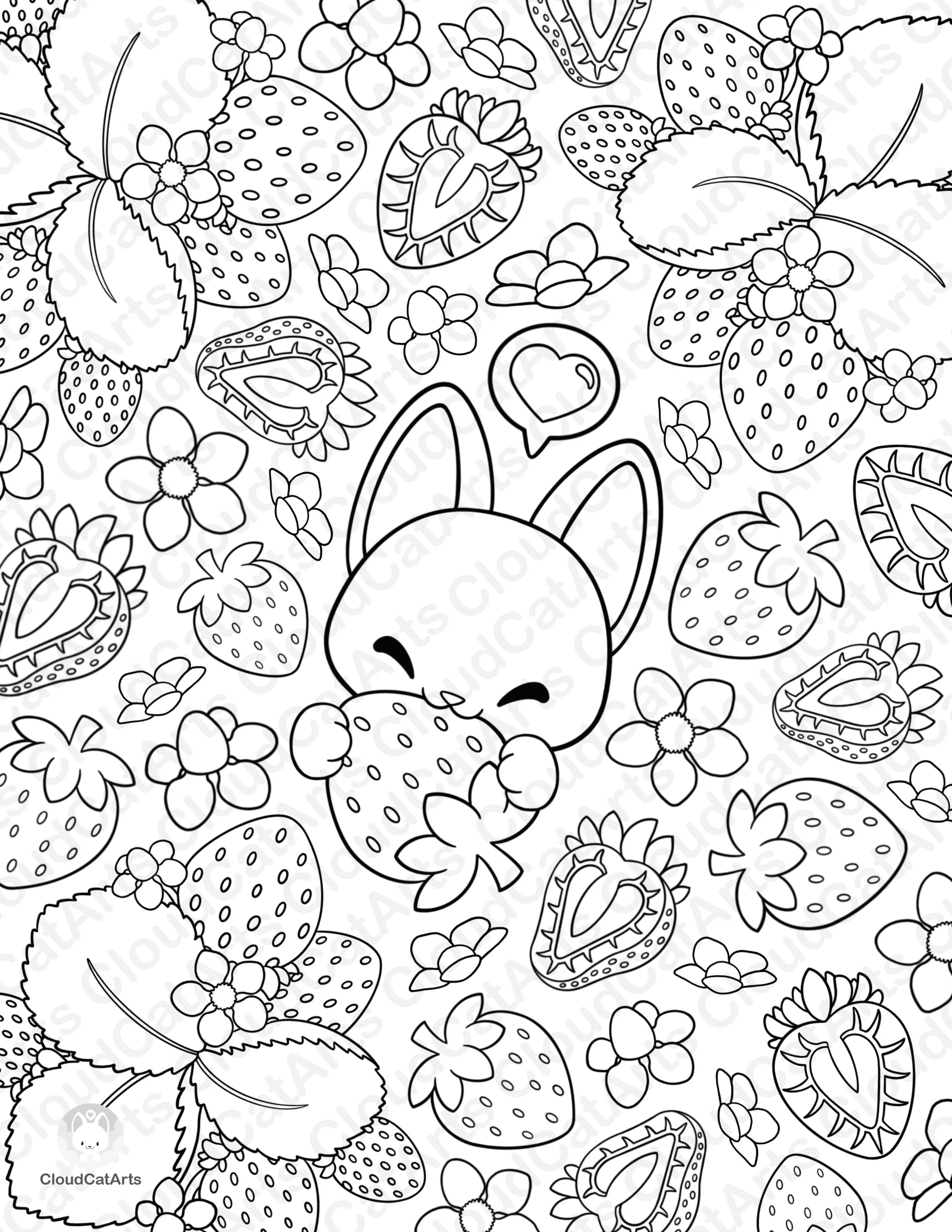 Strawberry Kitty - BORDERLESS Digital Download Coloring Page — Cloud ...