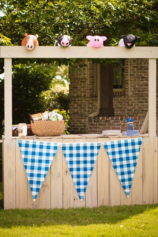 We used the lemonade stand that we built for KW's party again and I added some plastic gingham flags from Oriental Trading. It was Anna's idea to put the inflatable animals on top. :)