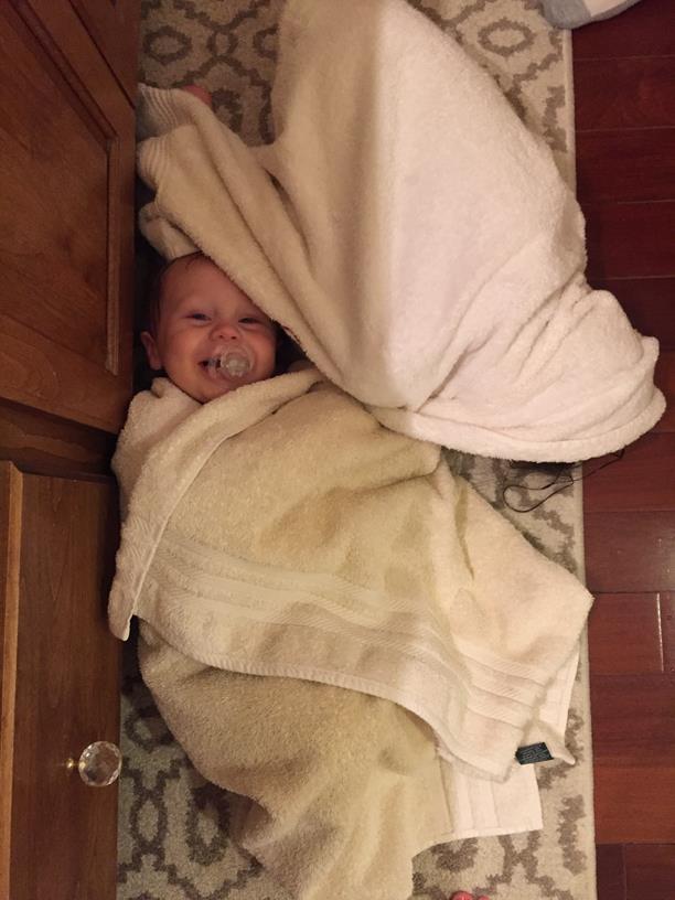 Snuggling together after a shower.