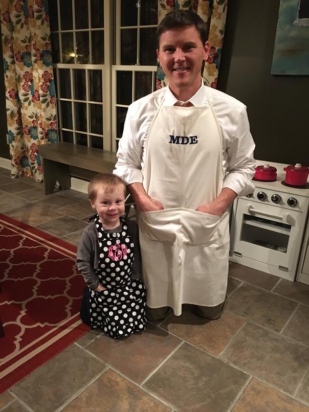 Matt got on his knees to take a pic with Thomas in their aprons, but Thomas got on his knees too. Silly boy.