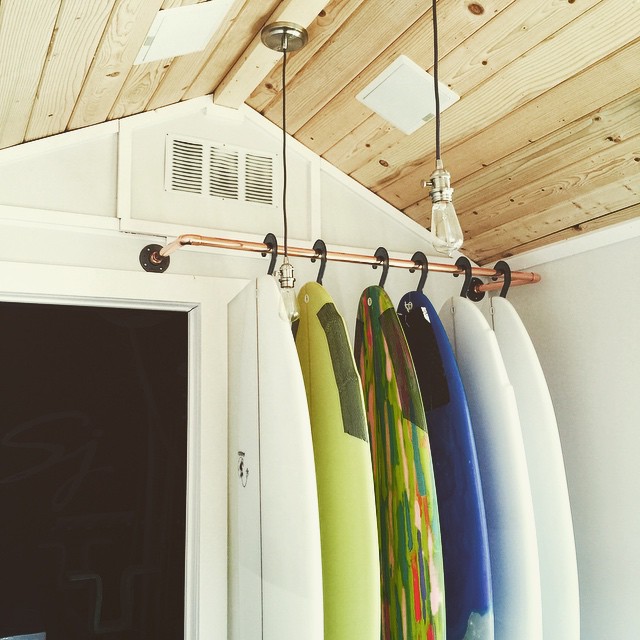 A little sneak peak into the SJ shaping shop /tiny house. Loving the &quot;hangups&quot; with the copper pipe. #sjsurfboards #tinyhouse #mobileshop #copper #hangups #handbuilt #icanmakeyouashapingroomlikethis