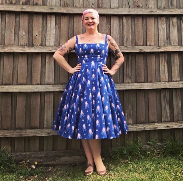 Two terrific dresses by @miss.hellpixie featuring my Koala Floral and Cicada fabric designs. Available @spotlightstores across Australia #slowfashion #frock #cicada #koala #cottonfabric #australiana #australiandesign #wildflowers