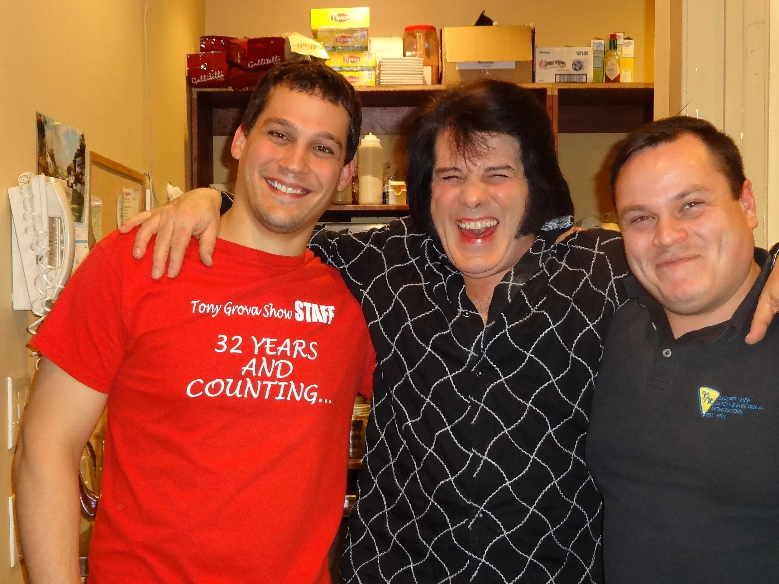 L/R Josh, Tony and Drew backstage before show. Drew & Josh have been with Tony well over 15 years! More so than stagehands they have all become good friends over the years and have a blast when they all do a show together!