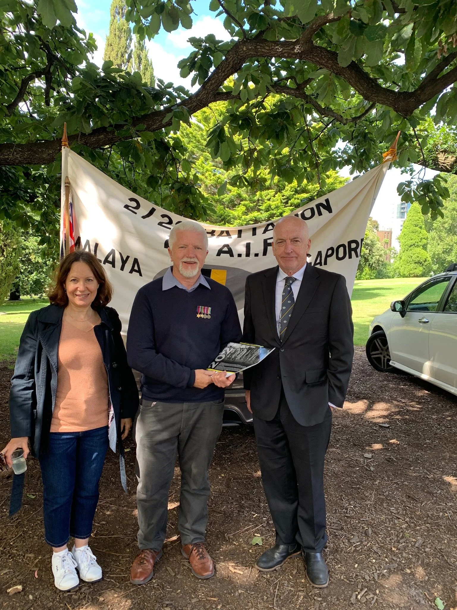 Anne and Colin Vickers with Andrew Warland. Colin is the son of Roy Vickers VX40721 Private HQ Company Joined 21/2/1941 “A” Force.