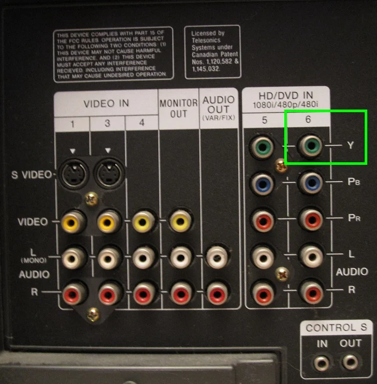 Rear of TV with separate component video and composite video inputs.