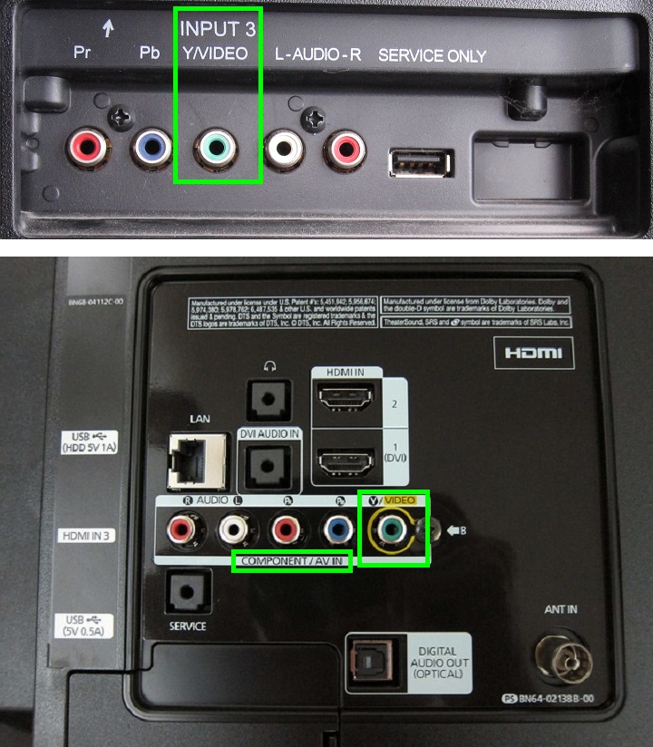 Two different TVs having shared composite & component video inputs.