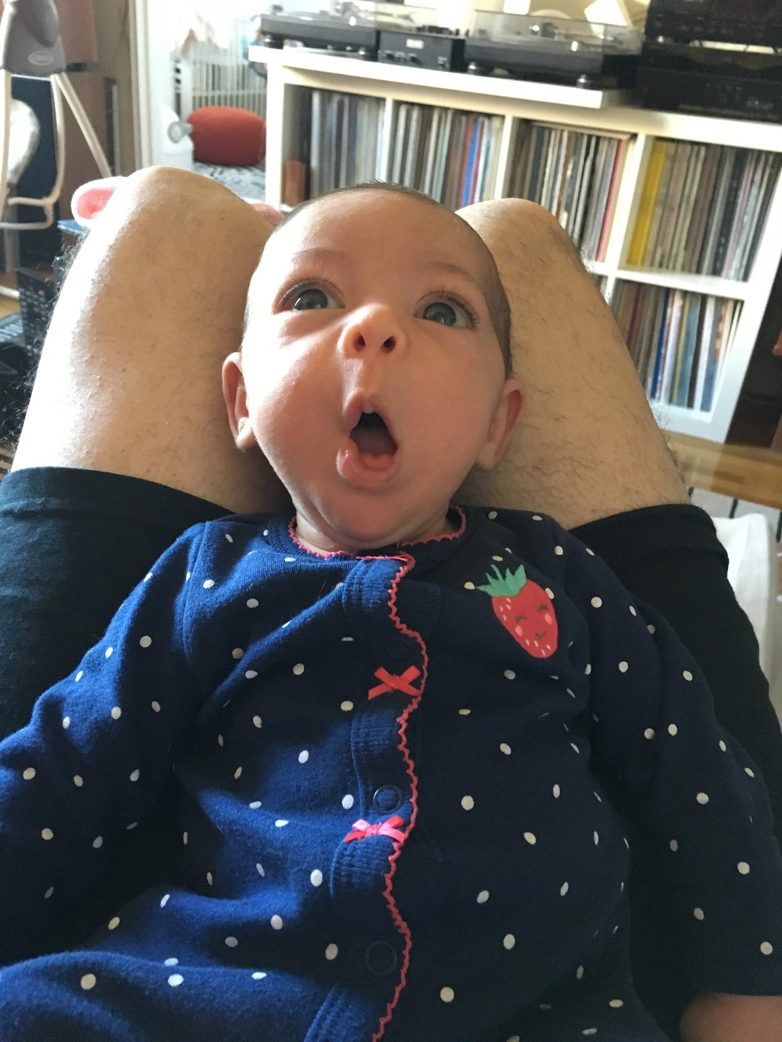 This is the last day Opal got to wear one of our favorite onesies, with the strawberry feet, before she grew out of it! 