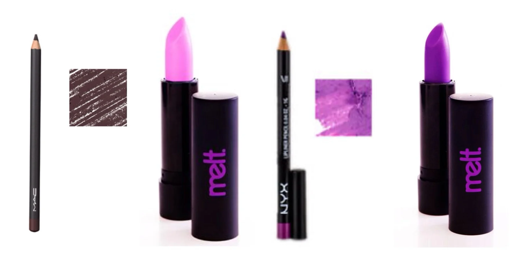 (Left to right) Vino lipliner, Darling lipstick, Purple Rain lipliner, By Starlight lipstick