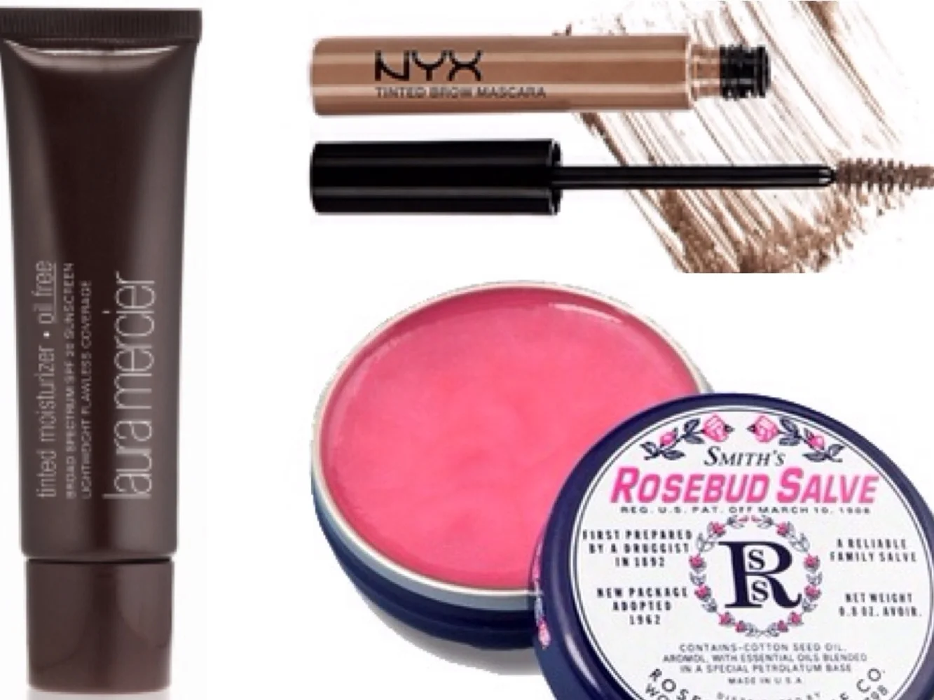 Laura Mercier Oil free tinted moisturizer, NYX Tinted Brow Mascara and Rosebud Salve.