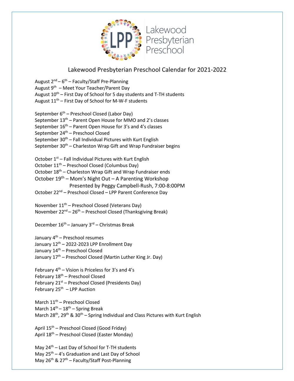 Presbyterian Calendar 2022 2021-2022 School Calendar — Lakewood Presbyterian Preschool