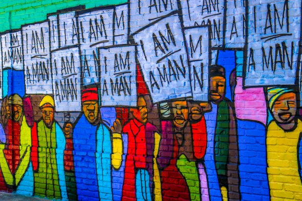 I Am A Man (#RayGun81 Remix). Mural by Marcellous Lovelace honoring the Sanitation Workers March in Memphis. Pic by Mike Harding