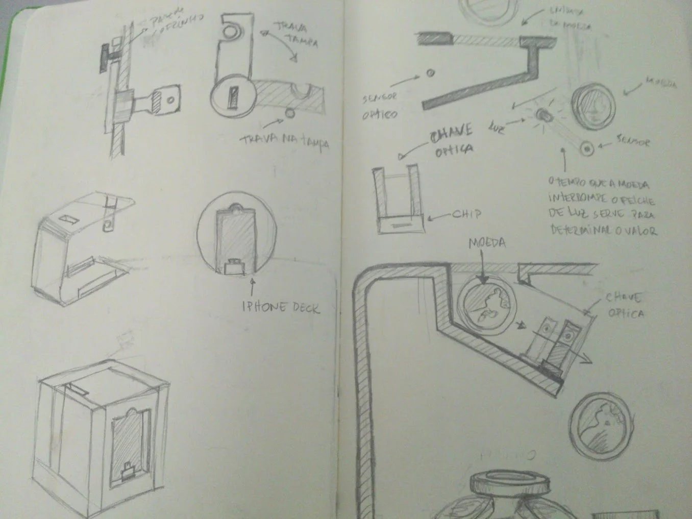 Aqui pensando em como fazer as contagens das moedas. O mecanismo de contagem detecta qual é o valor da moeda, e uma chave óptica detecta a presença da moeda, dando um double-check para saber que a moeda entrou no cofre.