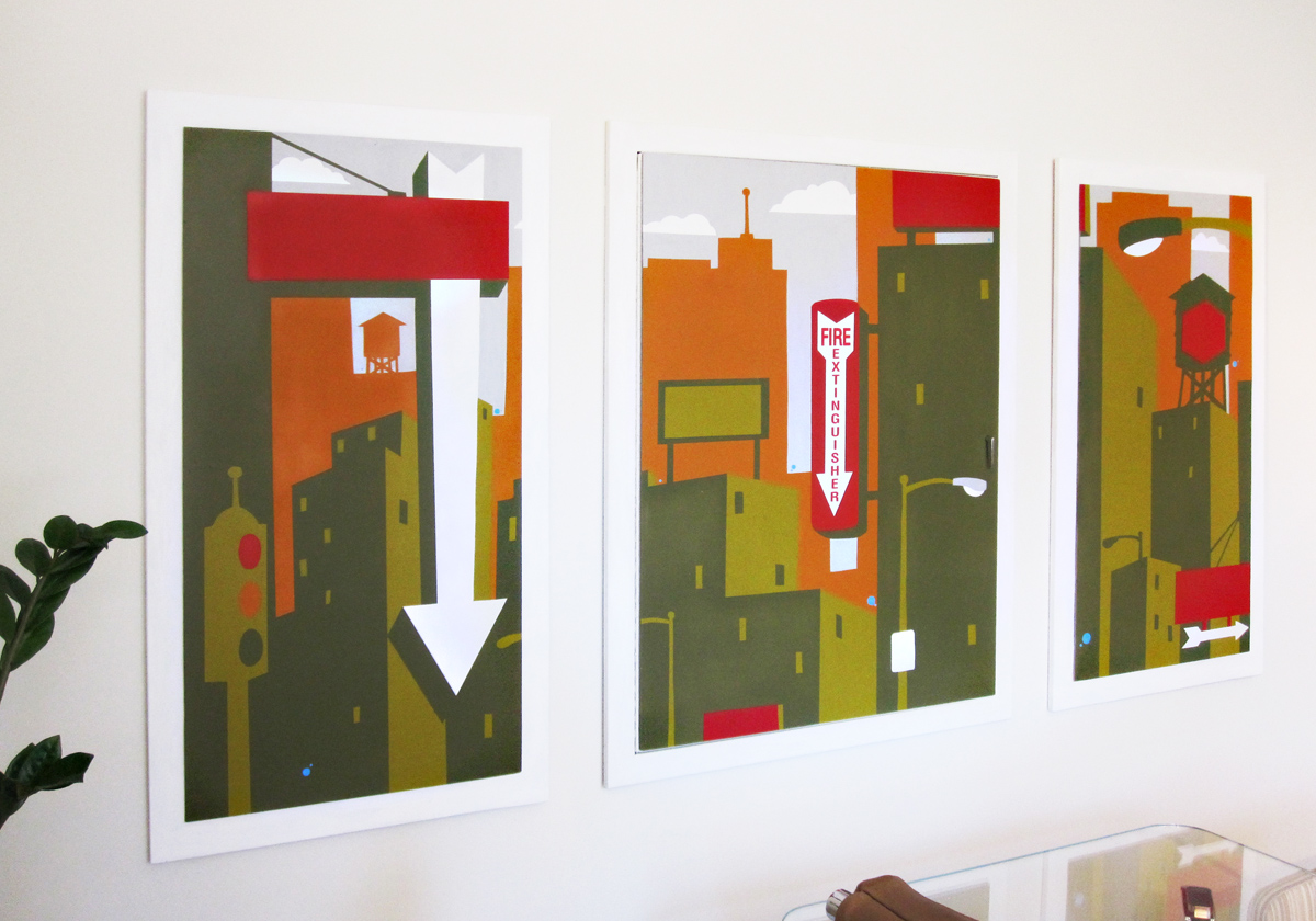 I had the great opportunity to work with OFS BRANDS on a site specific commission for their Chicago Show room. This triptych in part was created to solve the problem of a code required Fire extinguisher panel in the center of the room.