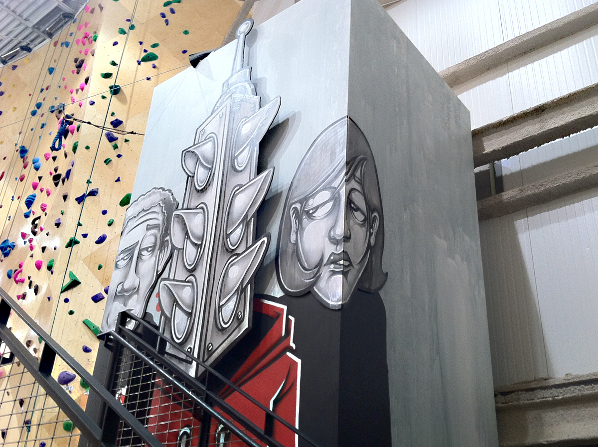 Working with the Prime 8 Art League and Brooklyn Boulders Chicago I had the opportunity to create a large scale installation in the 5 story climbing space on the exterior of a 3 story elevator shaft.