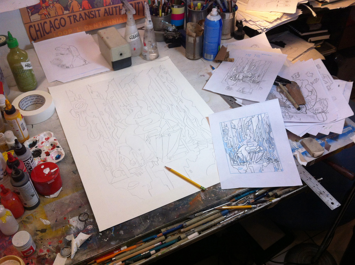 I suppose I’m still getting into the feel of this thing. The drawing and the weekly approach but it feels much slower. There isn’t the immediate gratification of finishing something in one day. I’m not sure if that’s good or bad. I suppose that’s the thing about trying something new, you don’t really know if it’s going to work or not. Imagine working on something for an entire year and not knowing if it was any good or not. Anyway, it took about an hour to transfer this to the final size which is 18” x 24”. I’m trying to decide if I should work it up a bit with a pencil or just start inking. It's been hard to sit and really focus this week, too much on my mind and I really have no idea where I'm going with this. 