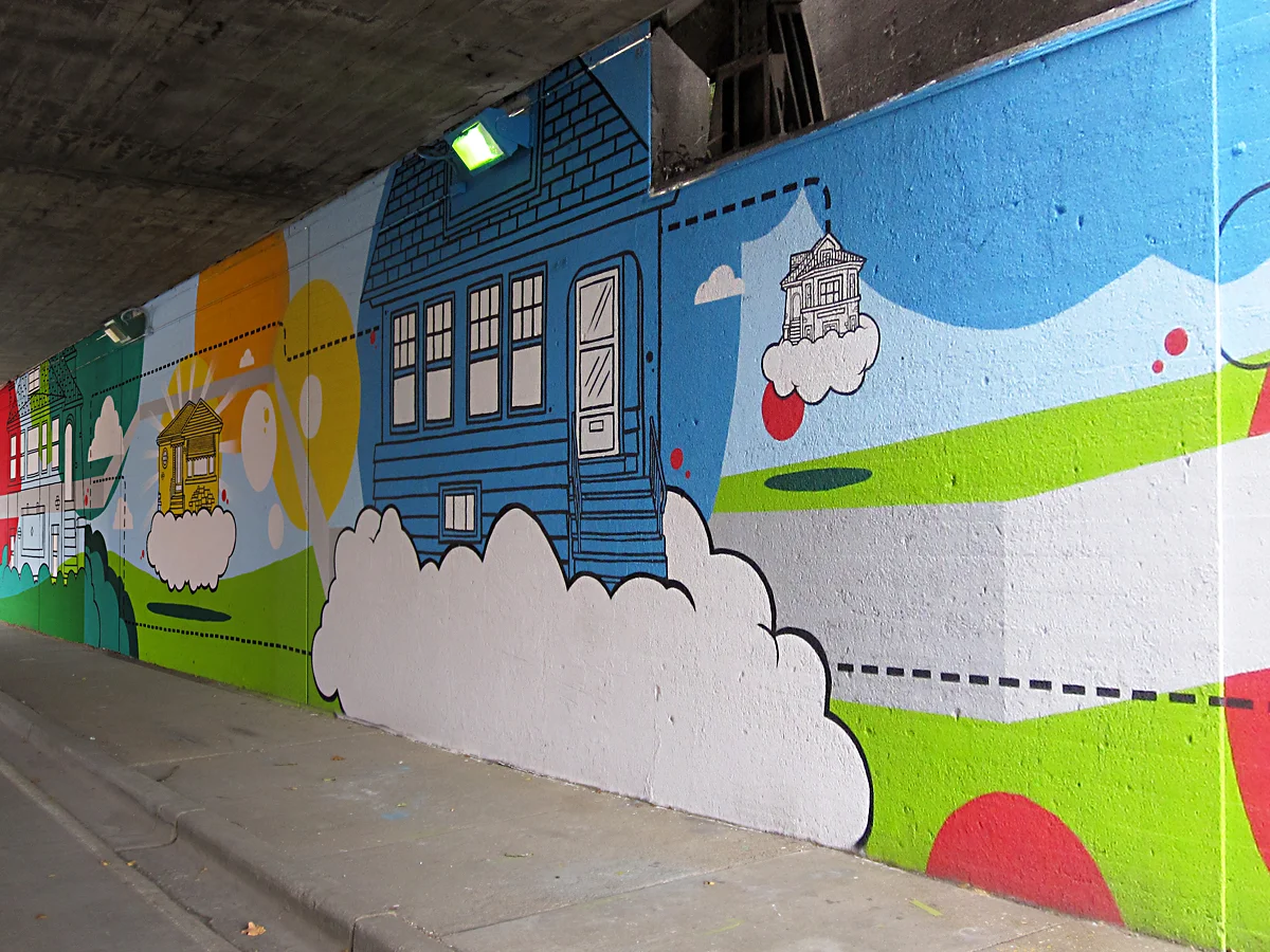 175' x 13. 6' latex and spray enamel North East Viaduct at Cicero Avenue and Lawrence Chicago, IL US Working with the North Mayfair Improvement Association this mural was created with the help of local volunteers and is located on the North Side of Chicago. View full gallery . 