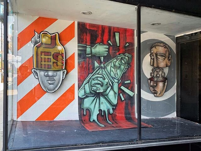 South east gallery window install @chicagotruborn as part of my current show titled RETROSPECT. A combination of site specific painting, found wood cut base reliefs from the studio and an outdoor banner based on a studio piece form 2005 that was then