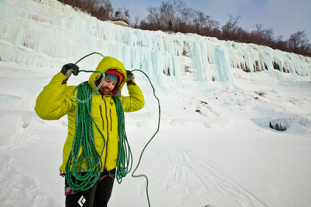 Jon Jugenheimer coils his icy rope on shelf ice along Grand Island.