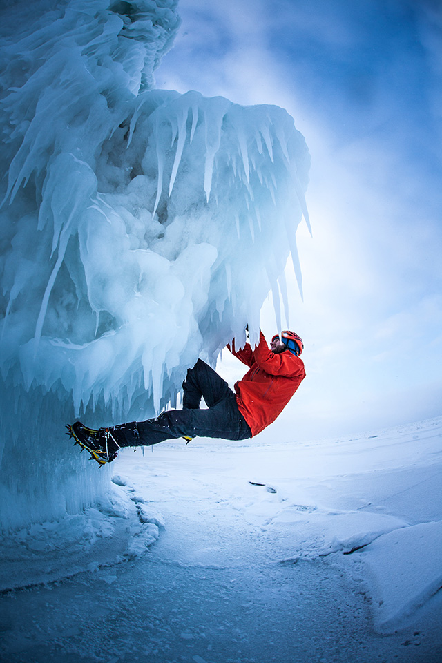  Local Ice Climbing Guide Nic Dobbs getting on some ice boulders on Mosquito Beach. 