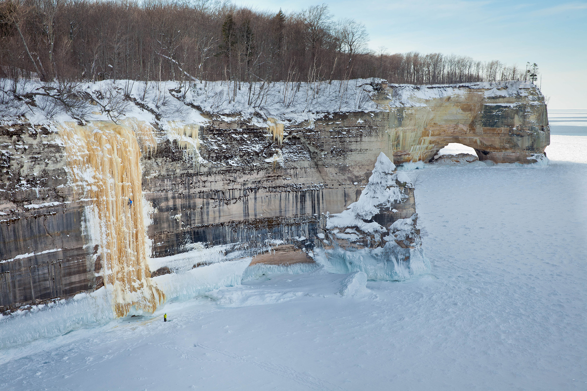 Adam Dailey ascends 'HMR', just around the corner from Grand Portal Point, at Pictured Rocks National Lakeshore in Michigan.