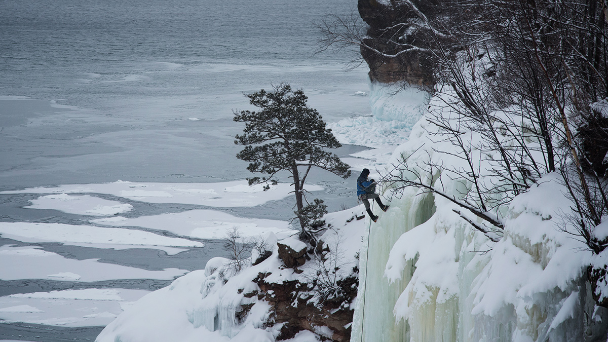 Mike hanging out on the north shore of Grand Island prepping to film clips of Raphael Slawinski climbing.