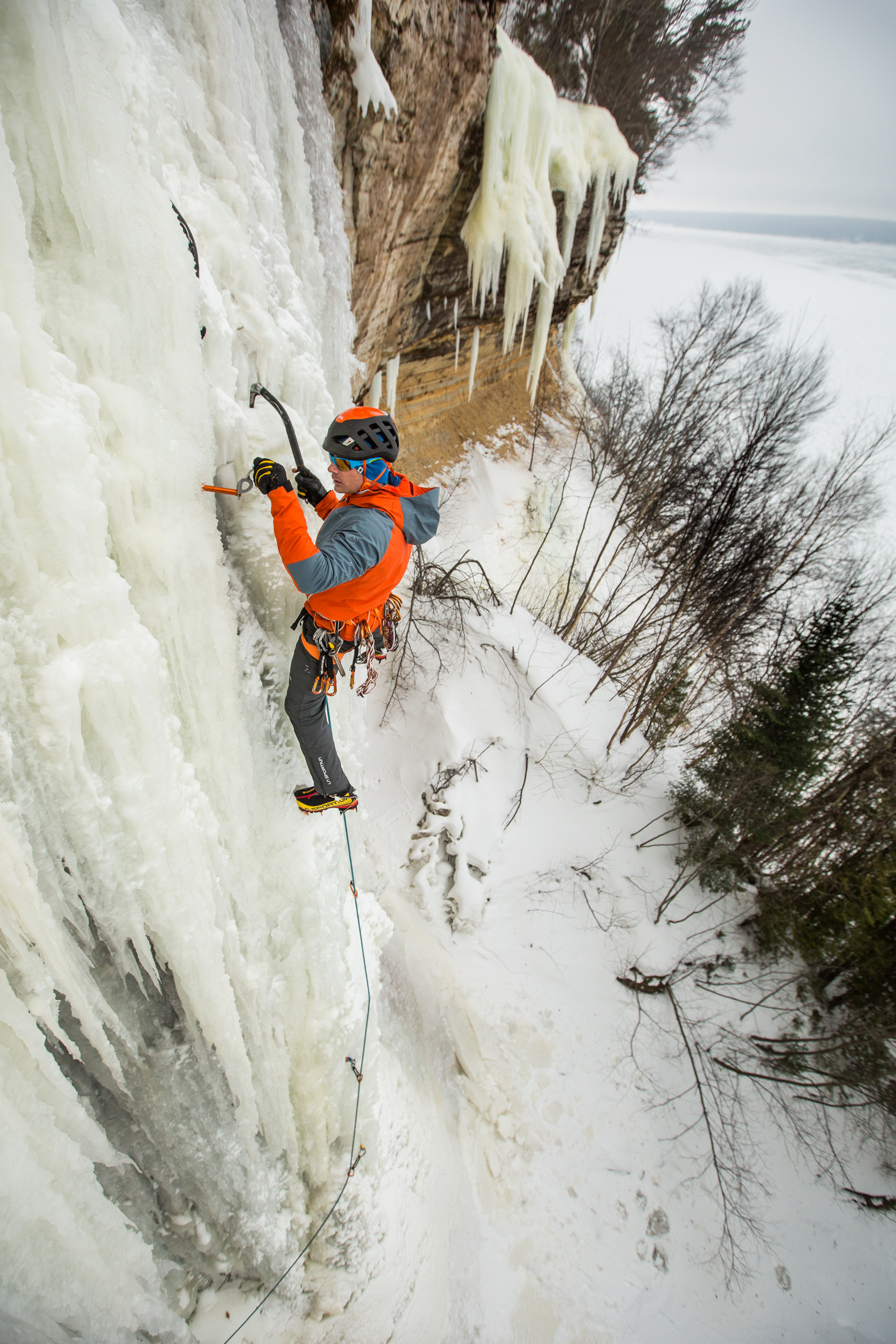  Karsten Delap climbs "El Lanzon" along the Pictured Rocks National Lakeshore in Munising, Michigan. 