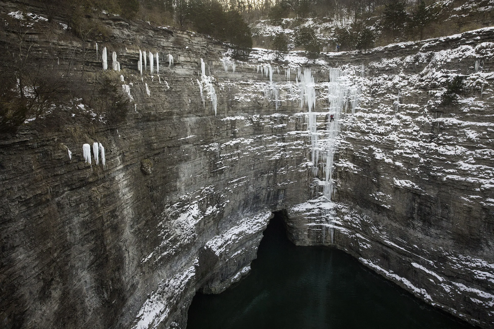 Ice climbing over open water at a quarry in Central Kentucky.