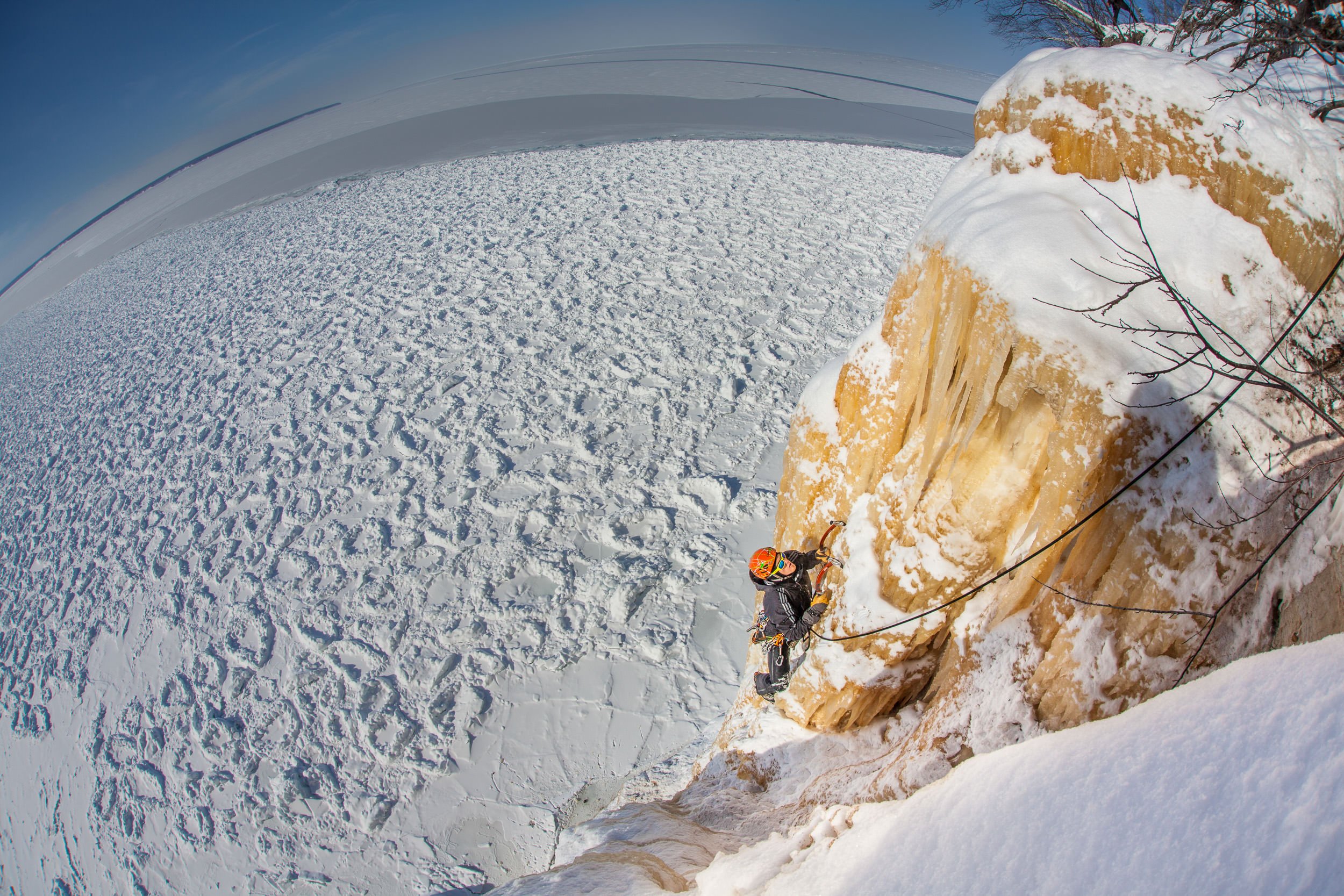  Ben Erdmann following on Twin Towers, with snow covered pancake ice below him. 