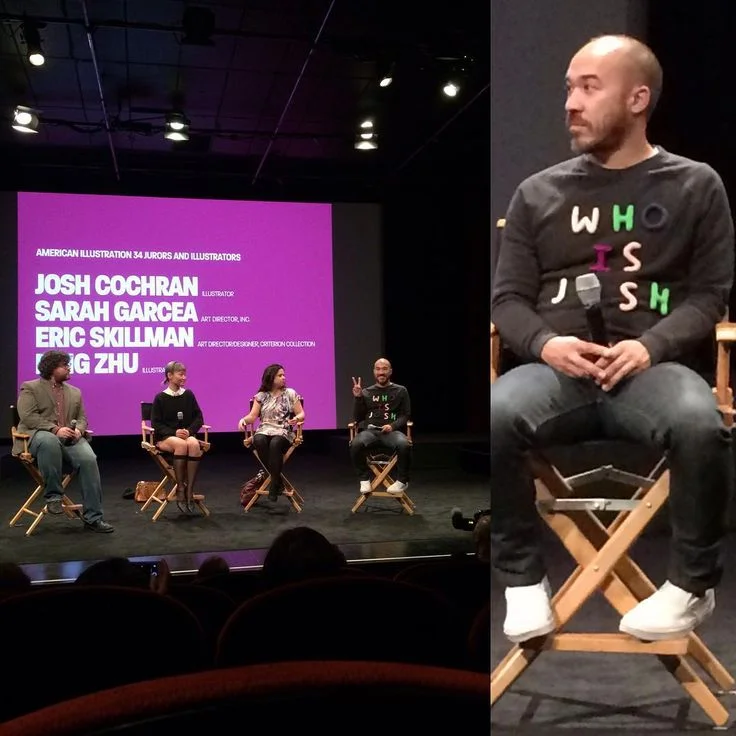 Josh, Sarah, Eric and Ping as the panel with Josh wearing a sweatshirt made by Ping. 