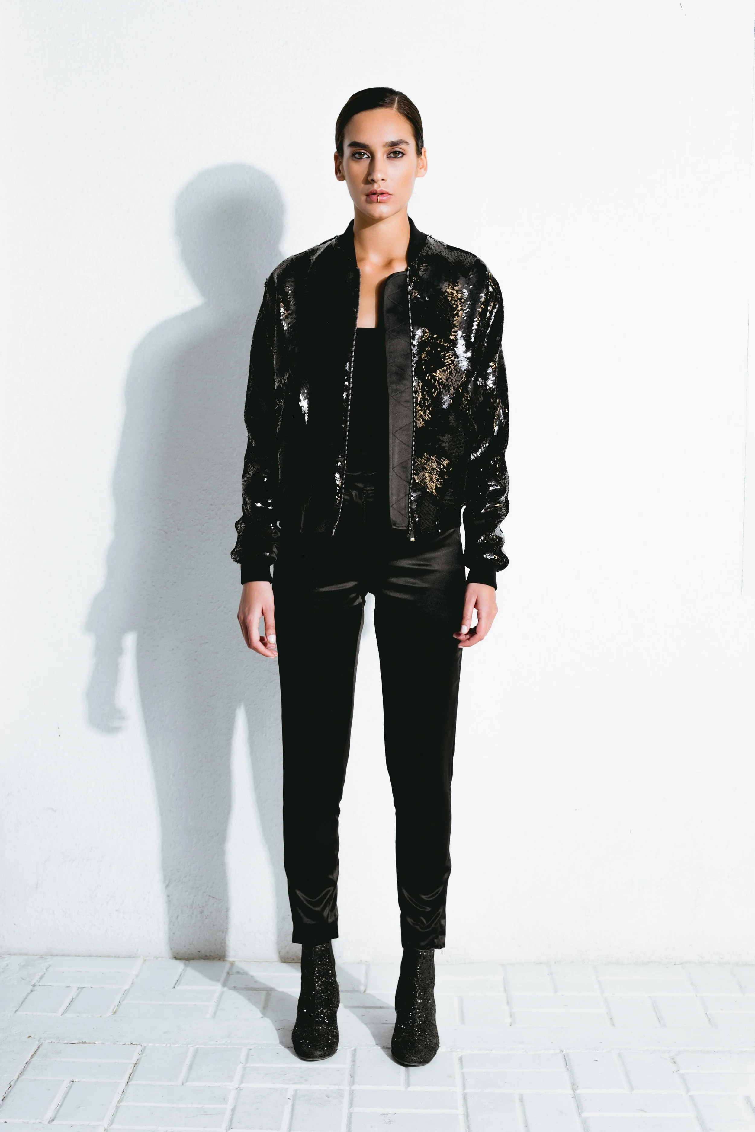 black and gold sequin bomber jacket