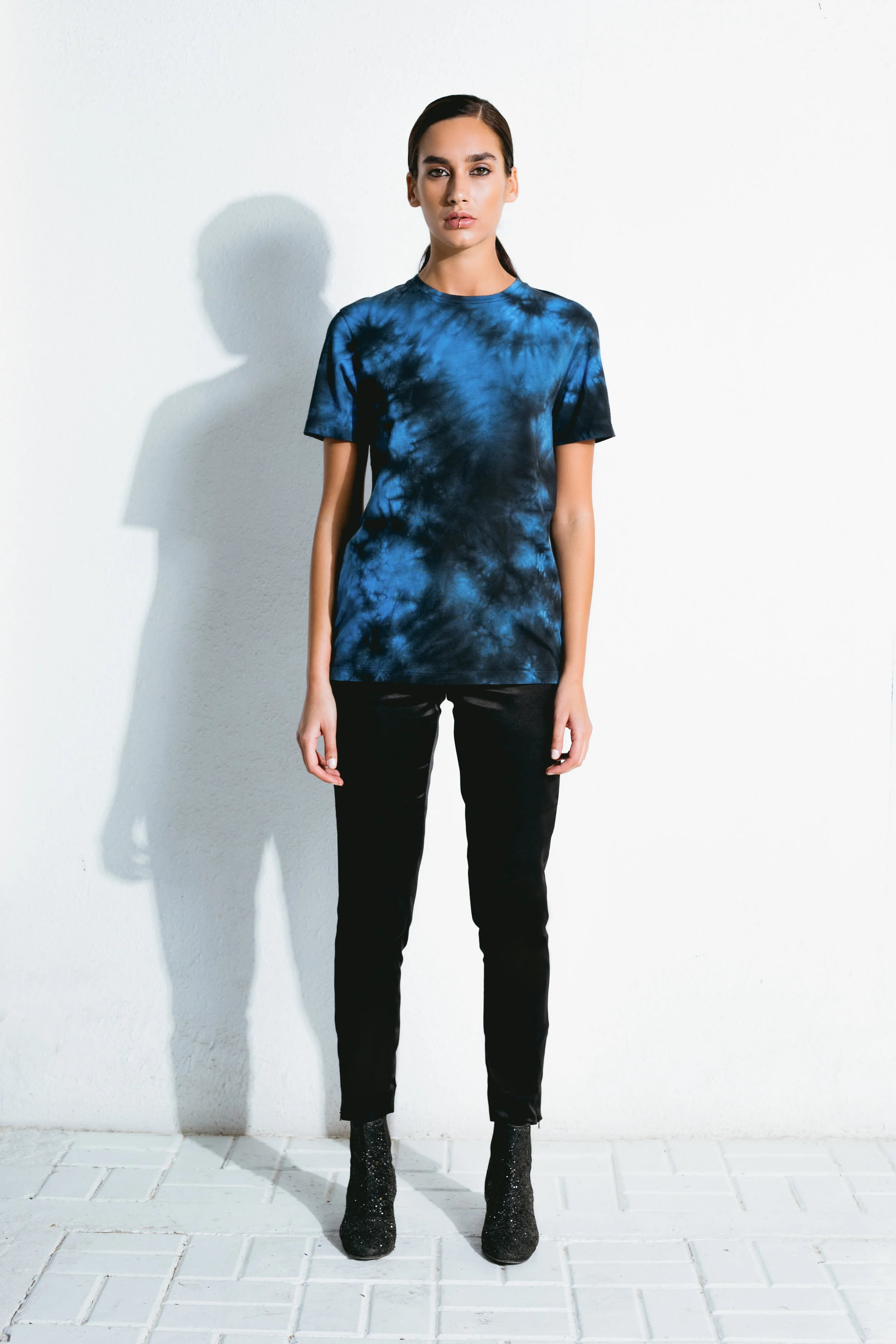 blue and black tie dye shirt