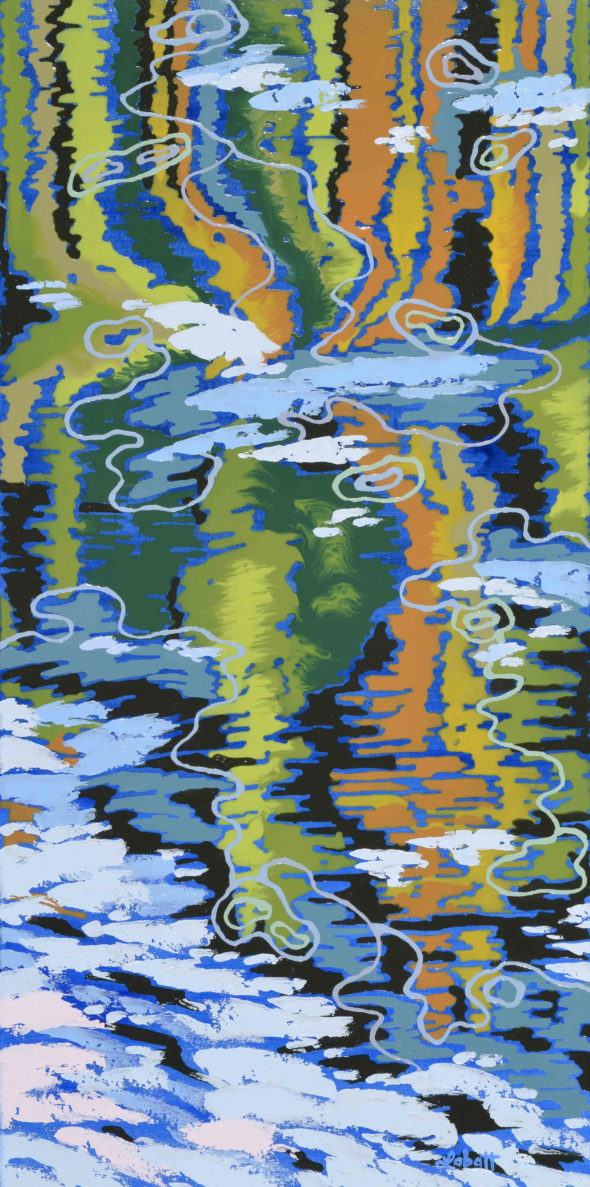 Sharon Labatt: Shoreline Reeds Reflection (2015), acrylic on canvas, (36” X 18”)