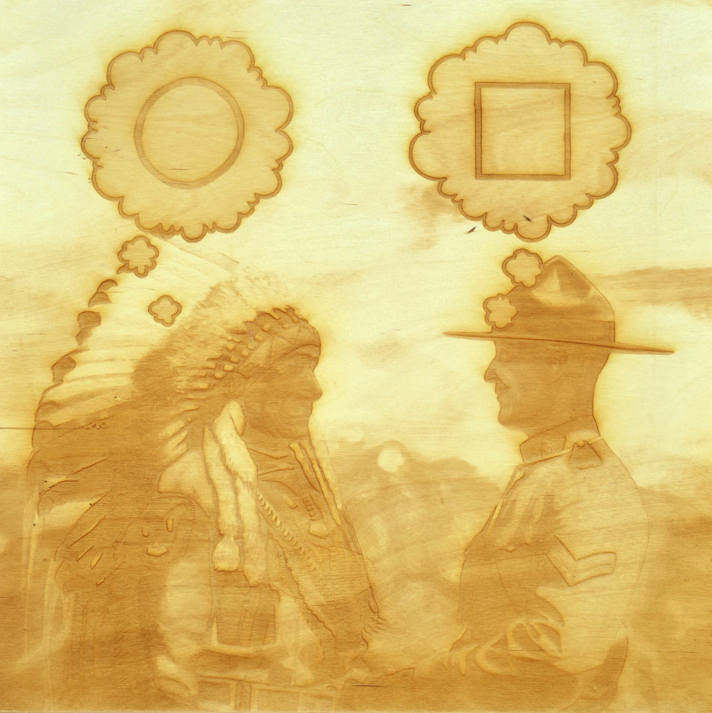 David Garneu: Not to Confuse Politeness with Agreement (2014), laser wood burning on wood panel, (61 cm x 61 cm)
