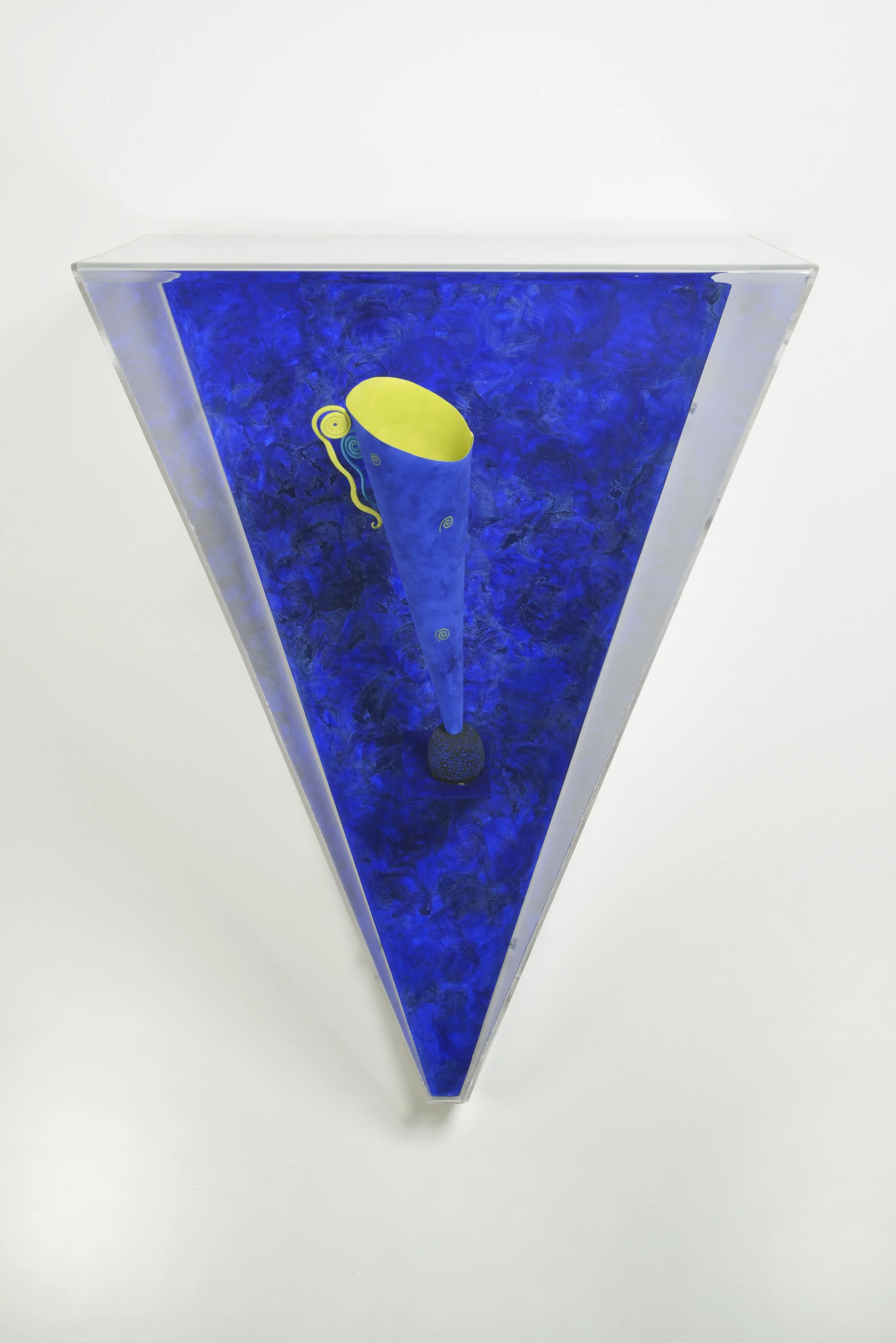 Jeannie Mah: Blue Sèvres Cup (1992), porcelain with underglass, wood, paint, plexi glass, (31” x 20” x 18")